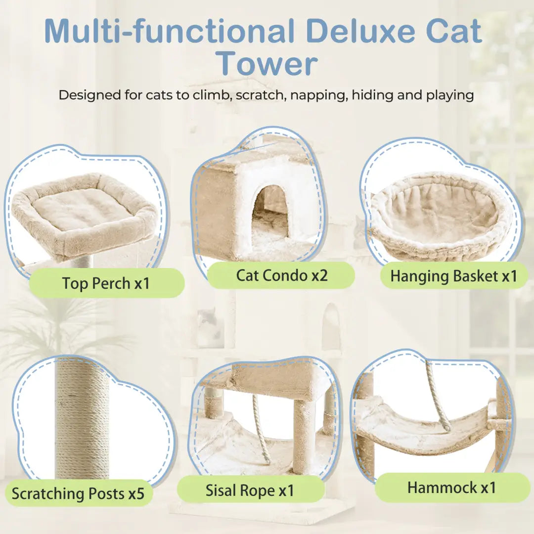 multi-functional deluxe 66 inch multi-cat tree tower and condo featuring beige fabric-covered platforms, a cat condo, hanging basket, sisal rope scratching posts, and a hammock.