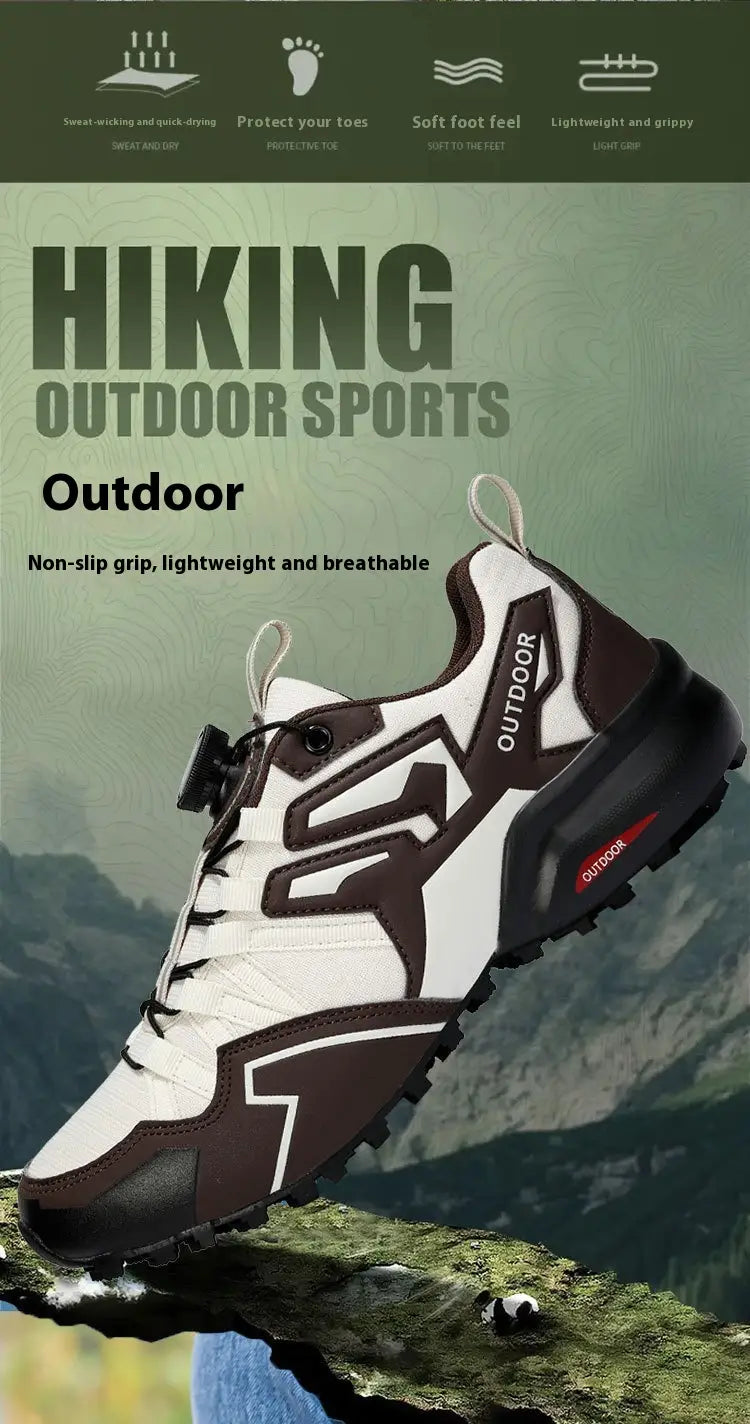 X111 lightweight off-road breathable hiking shoes in white and brown with black accents featuring a rugged design for outdoor sports.