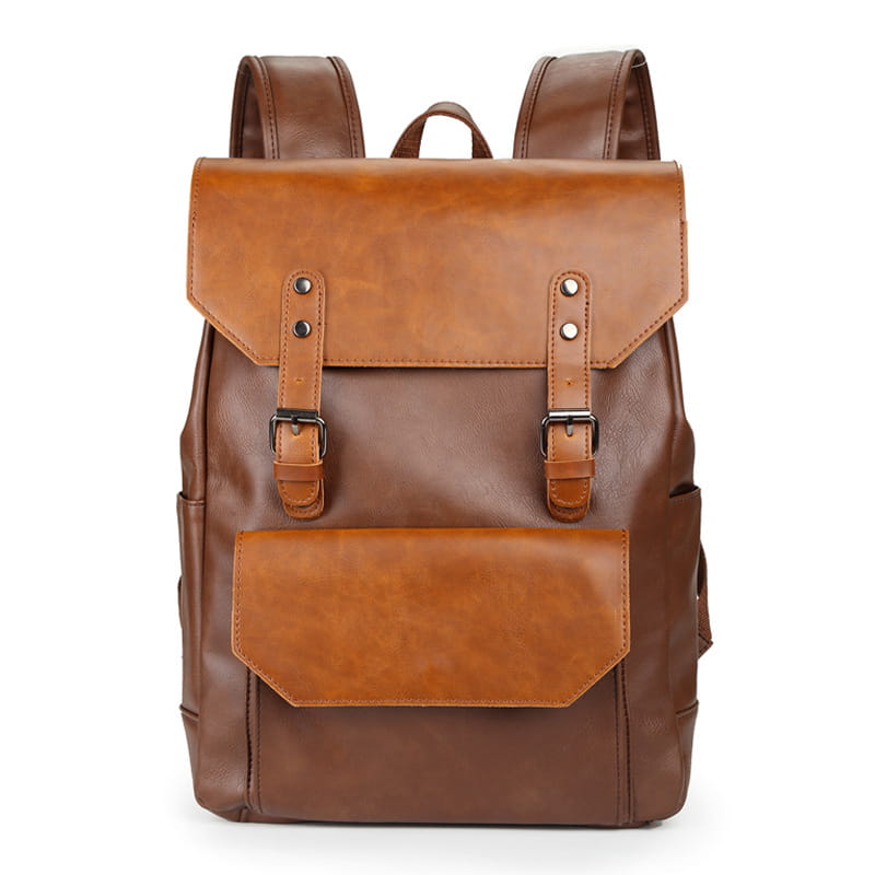 a brown leather crazy horse large capacity unisex backpack with a flap closure and two adjustable straps view of the back side