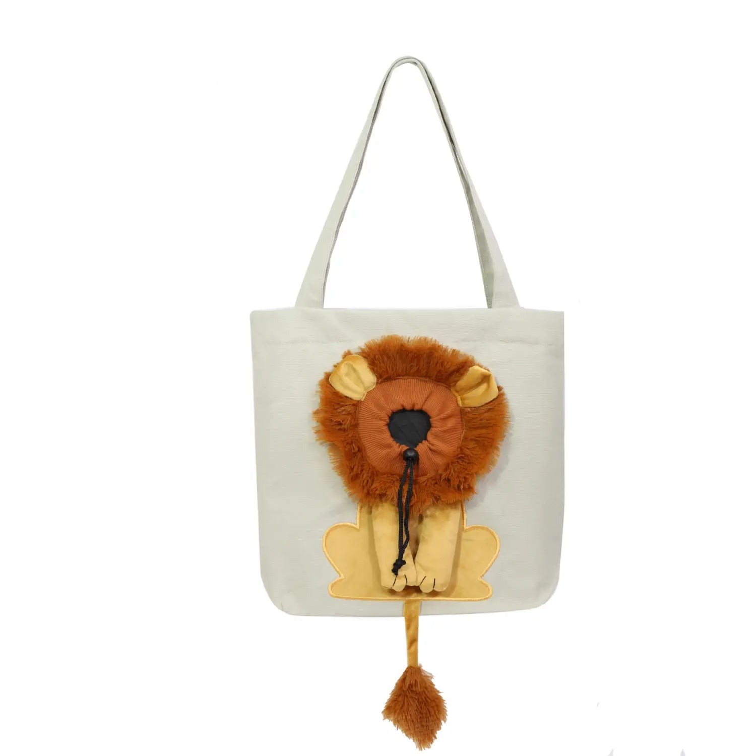 A white tote bag featuring a plush orange-furred lion face with yellow ears and tail, black nose, and a drawstring closure designed as a lion design portable pet carrier bag.