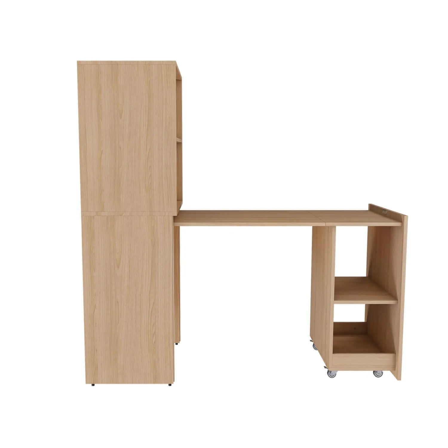 Bureau extensible en grain de bois clair avec étagères de rangement intégrées et roues à roulettes, pour une organisation polyvalente de l’espace de travail.