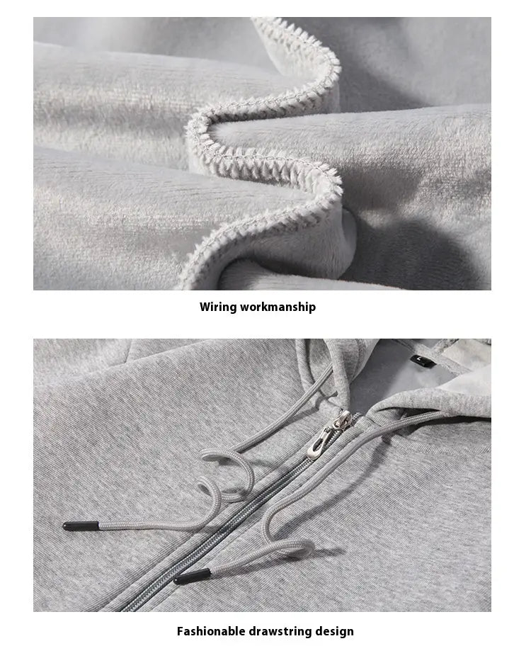 Herren-Schwergewichts-Fleece-Zip-Hoodie in Übergröße in grauem Heather mit Kapuze mit Kordelzug und verstärkten Nähten.