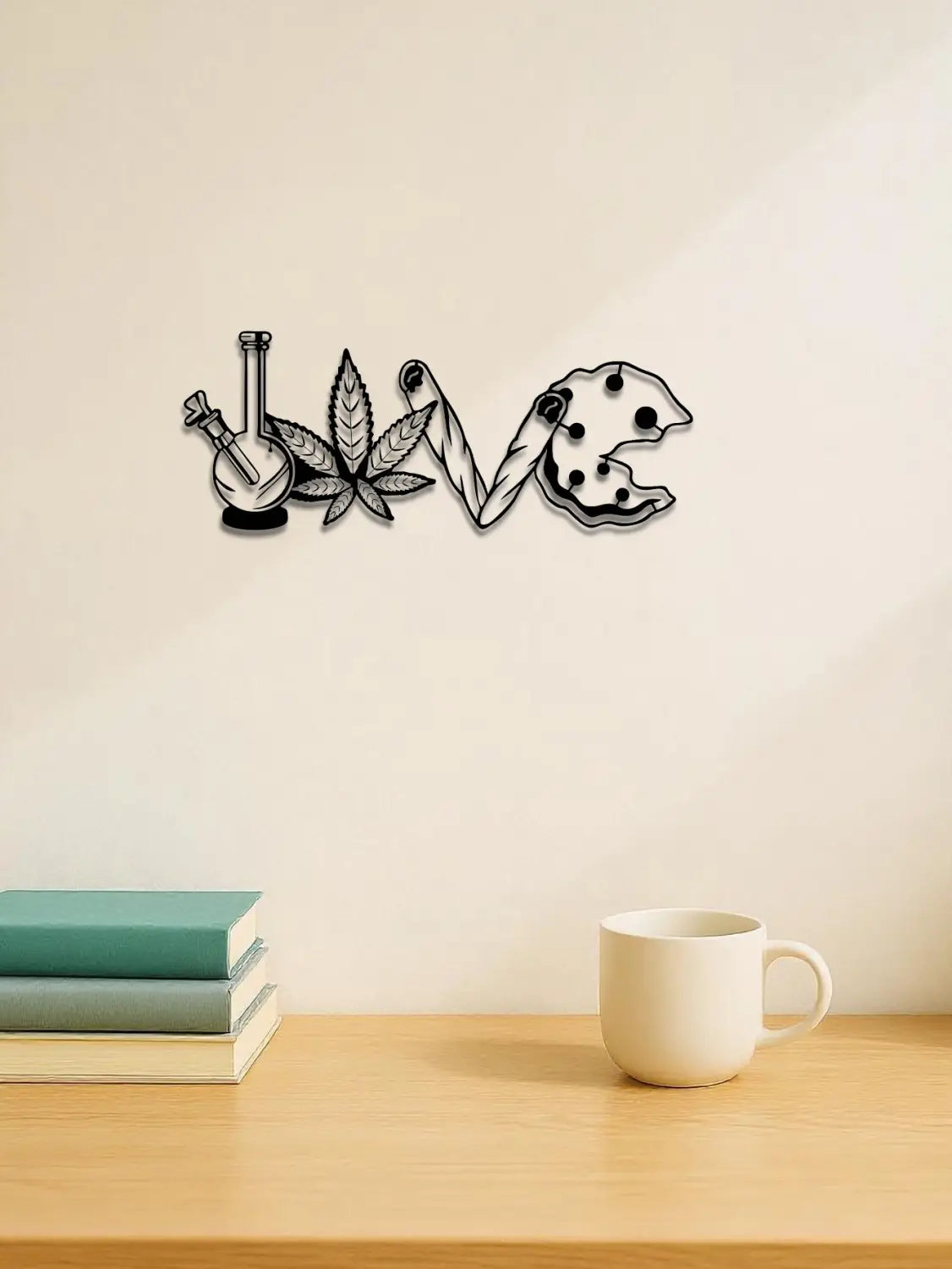 black metal wall art decor spelling love with letters stylized as a bong cannabis leaf rolled cigarette and chocolate chip cookie for home with 2 days shipping