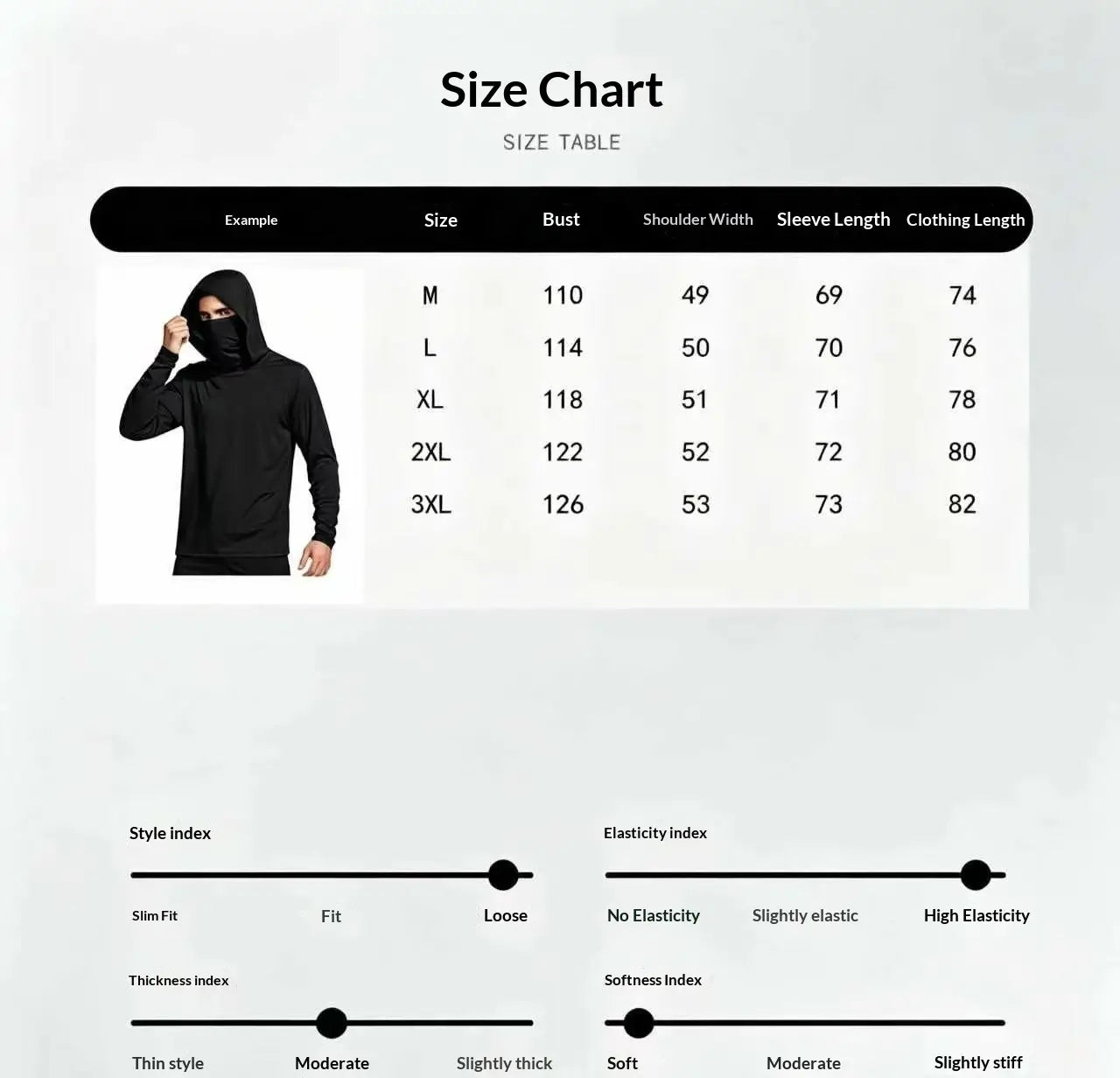 Sudadera con capucha negra de material seda de hielo, con mangas largas y bolsillo frontal, diseñada para protección solar, mostrada con las medidas de la tabla de tallas.