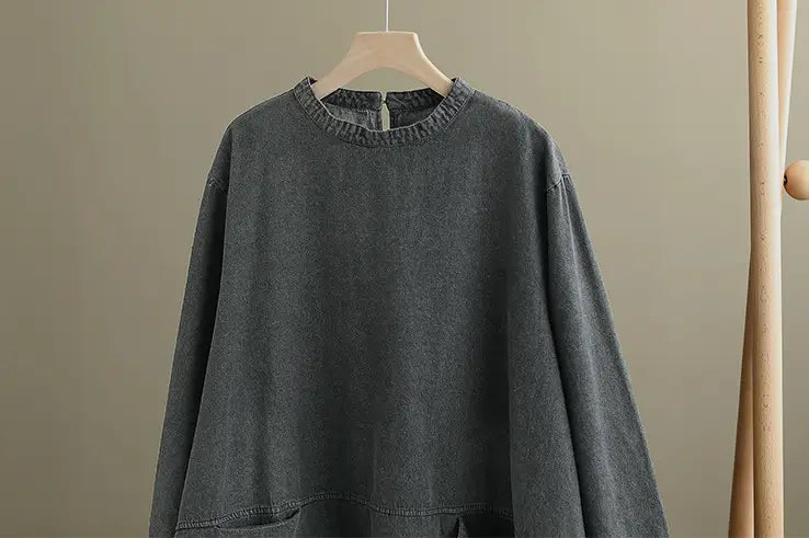 Retro artistic plus size dark gray denim tunic dress featuring a loose-fitting sweatshirt style with a ribbed crew neckline and subtle distressing details.