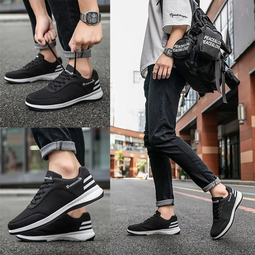 Black strong cavalry breathable mesh casual athletic sneakers with white stripes and a textured rubber sole.