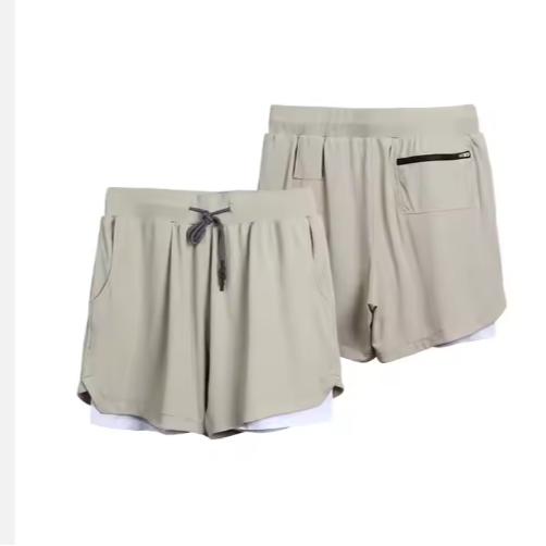 Men’s beige 2-in-1 breathable quick dry athletic training shorts featuring double-layered design with drawstring waist and side pockets.