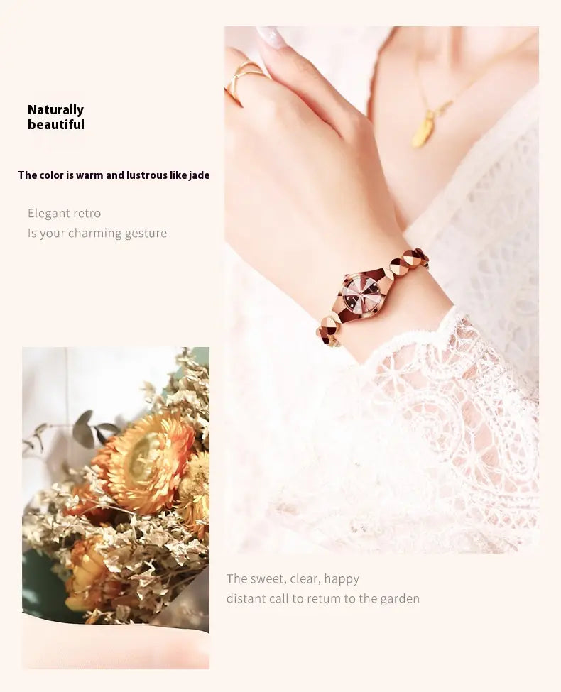 Rose gold-toned luxe geometric faceted bracelet watch with diamond accents and a matching link bracelet.