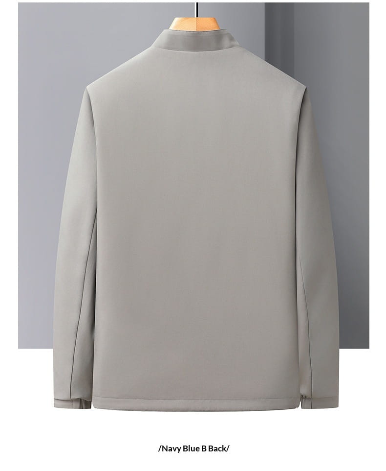 Navy blue men casual business stand collar jacket with a sleek minimalist design and smooth fabric.