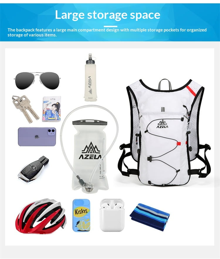White azela hydration backpack with black straps and red accent stripes shown from the back side designed as a lightweight 20l running vest.