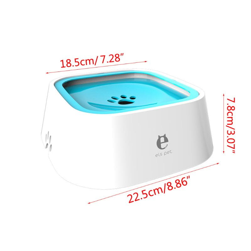 White and light blue anti-splash pet floating water bowl with 1.5l capacity and paw print design on the interior surface.