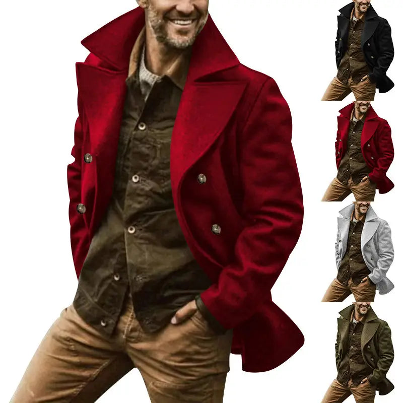 Abrigo tipo gabardina cruzado doble de algodón rojo con un estilo de abrigo de lana rojo intenso y botones con acabado de tono plateado.