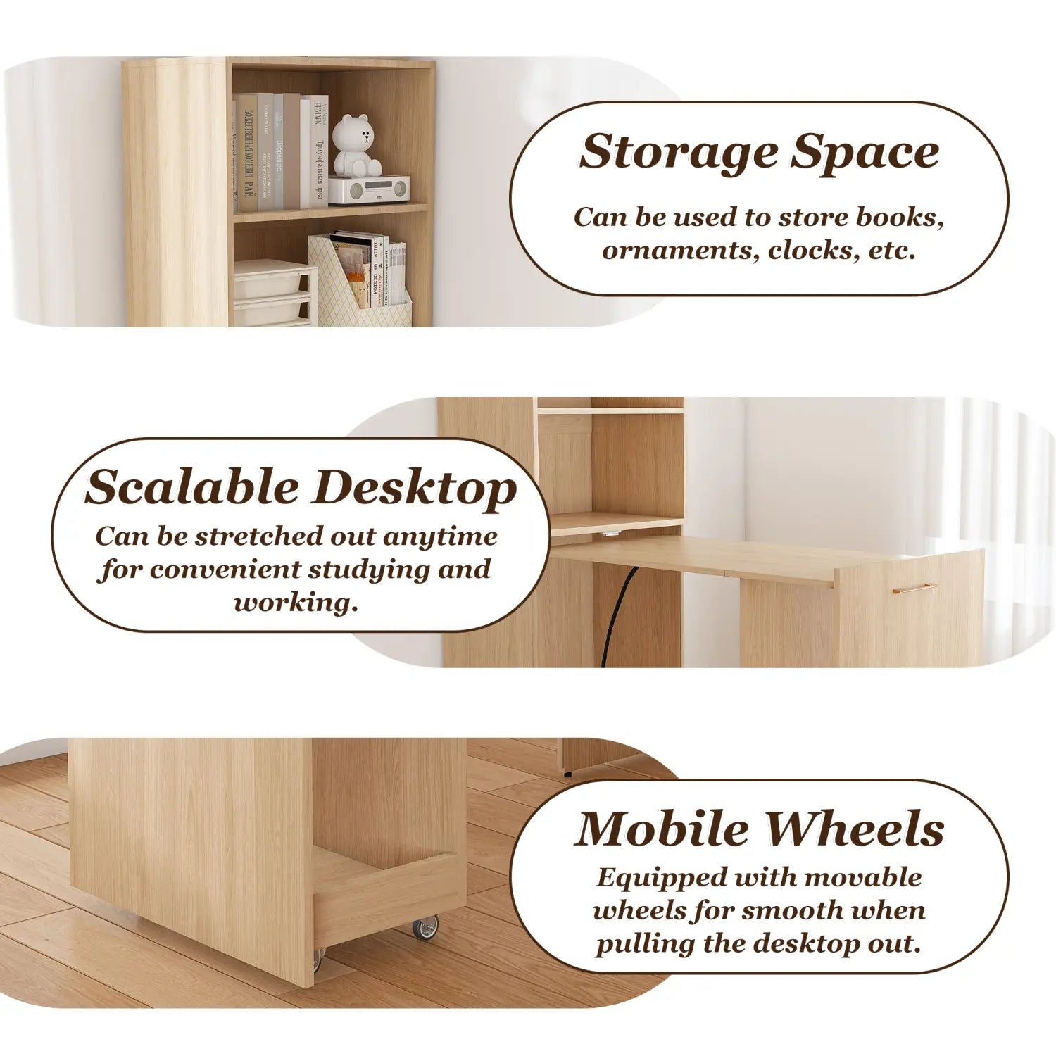 Bureau extensible en grain de bois clair, avec plateau réglable et roues mobiles, doté d’étagères de rangement pour un usage bureautique polyvalent
