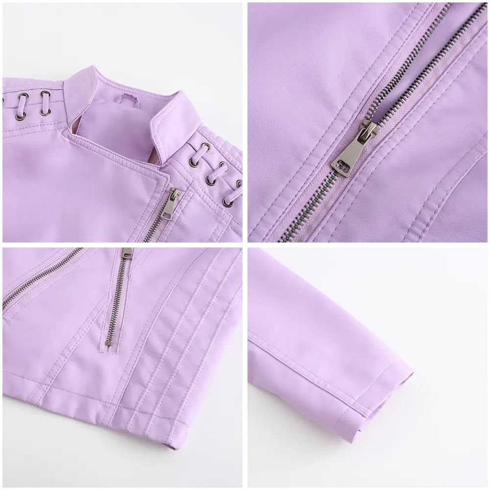 Hellviolette Slim-Fit-Faux-Leder-Motorradjacke für Damen mit silbernen Reißverschlüssen und Schnürkragen-Details.
