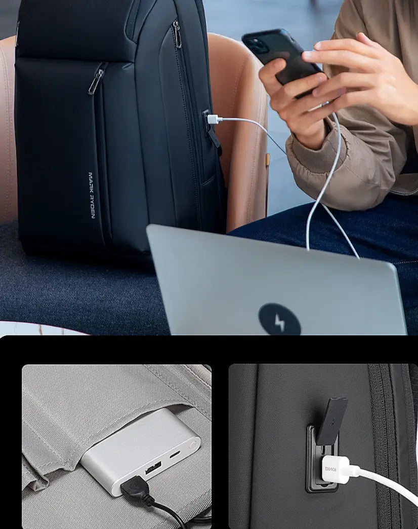schwarzer Oxford-Stoff-Business-Reiserucksack mit integriertem Ladeanschluss und USB-Hub-Fach für Laptop-Nutzer.