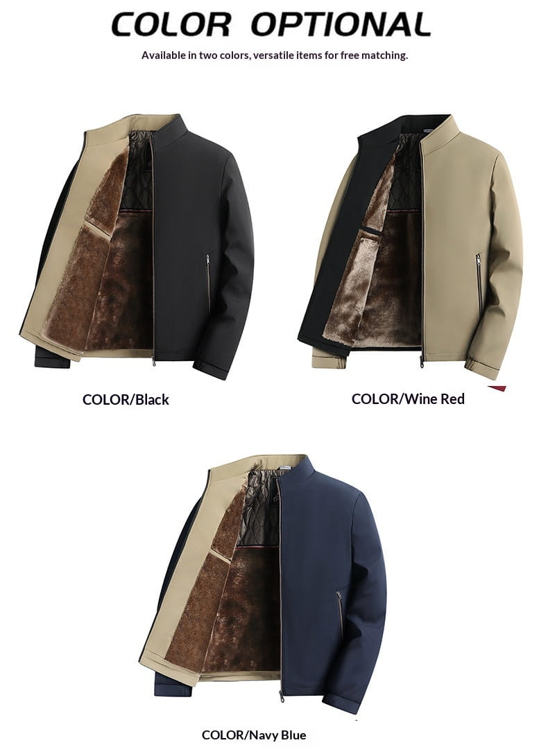 Men fleece lined winter jacket business casual in black wine red and navy blue with a soft brown fleece interior lining.