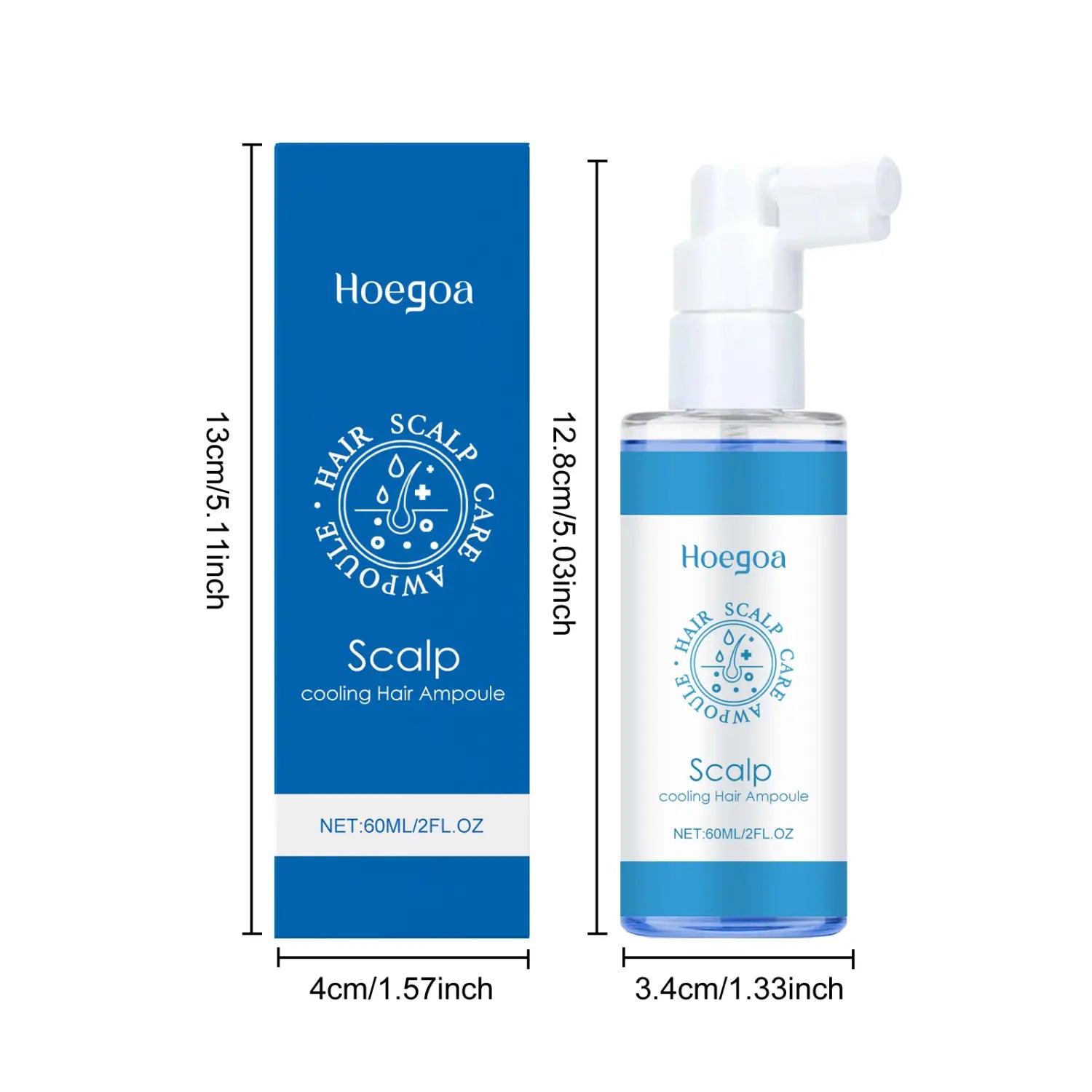 Hoegoa Kopfhaut-Kühlpflege-Haarampullen-Nährspray 60 ml in einer transparenten Flasche mit blauem Inhalt und weißem Pumpdosierer, daneben eine passende blaue rechteckige Umverpackung.