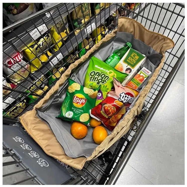 multifunctional waterproof nylon fashion tote and backpack in tan and gray fabric designed as a shopping cart organizer filled with snacks and oranges