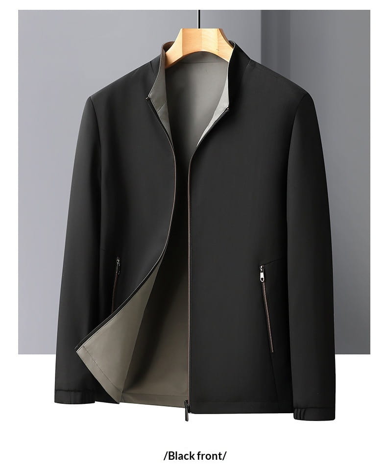 men casual business stand collar jacket in black featuring a zip front, contrasting gray inner lining, and two side pockets for functional style.