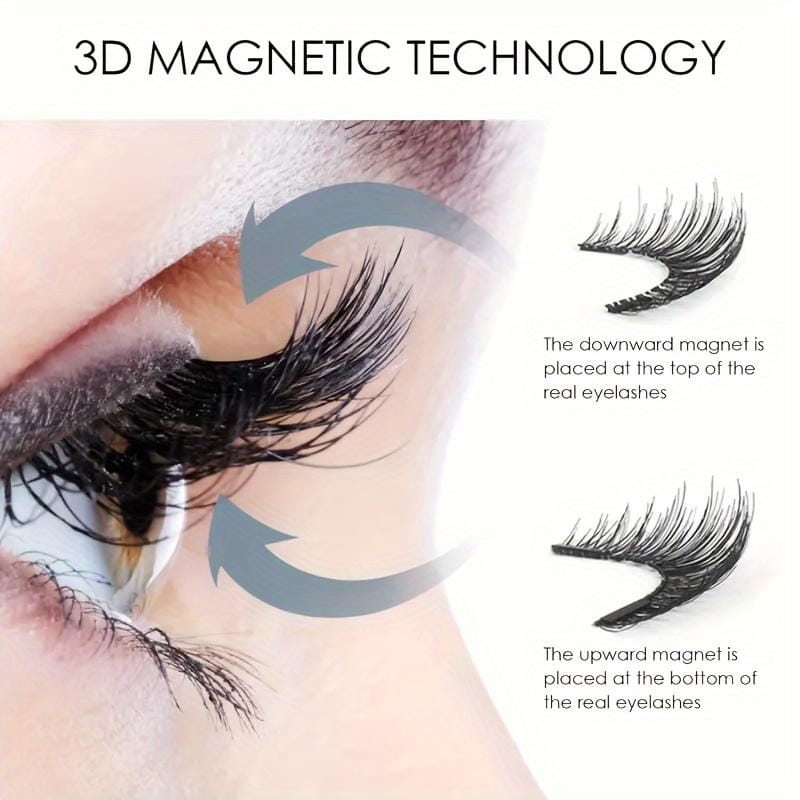 Schwarze 3D-Magnet-Wimpern mit einem eleganten, natürlich wirkenden Design, enthalten in einem professionellen Applikator-Set.