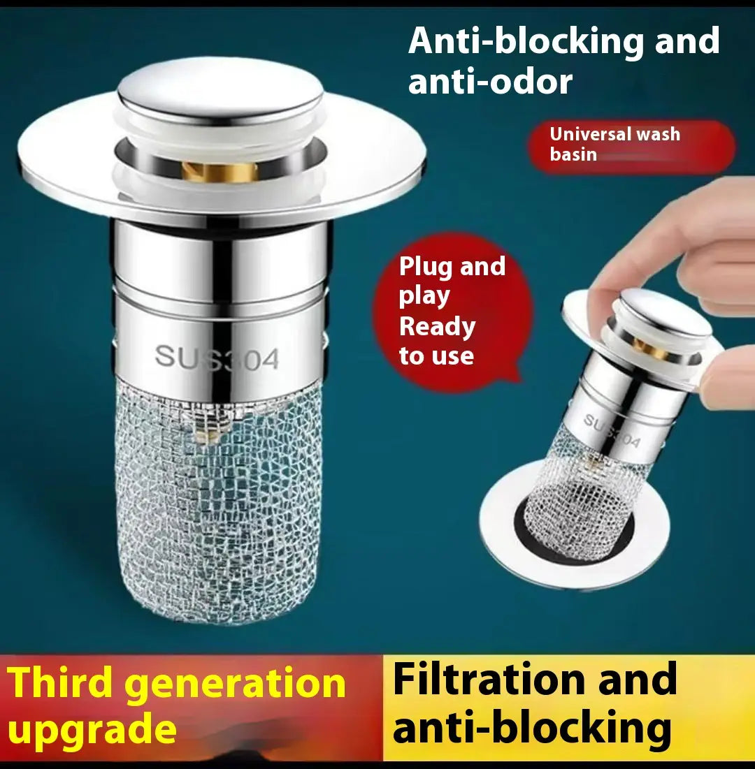Shiny chrome-finished universal wash basin drain filter with textured mesh filter and sus 304 stainless steel construction.