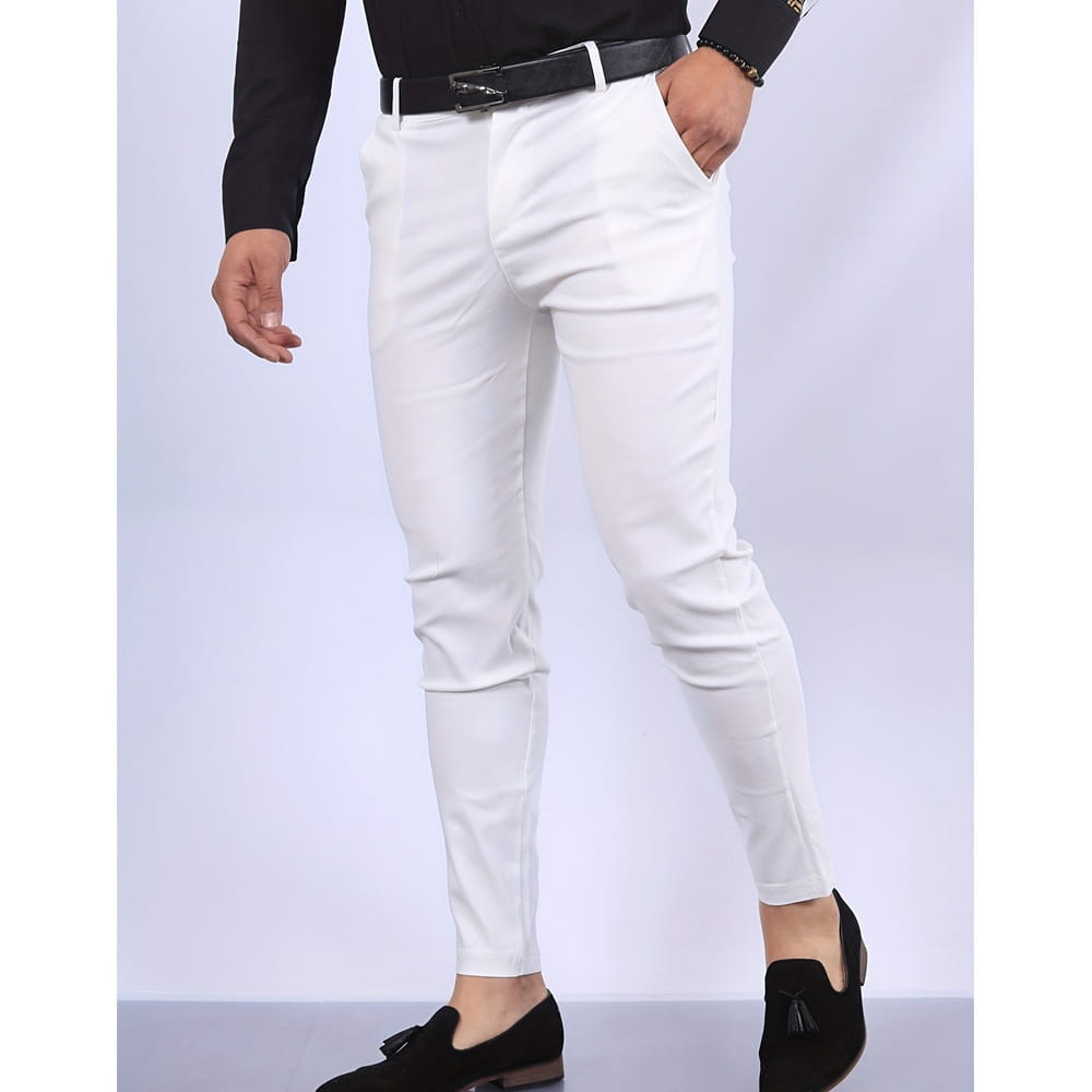 white slim fit modern cotton blend pencil trousers with a clean tailored cut and subtle creases