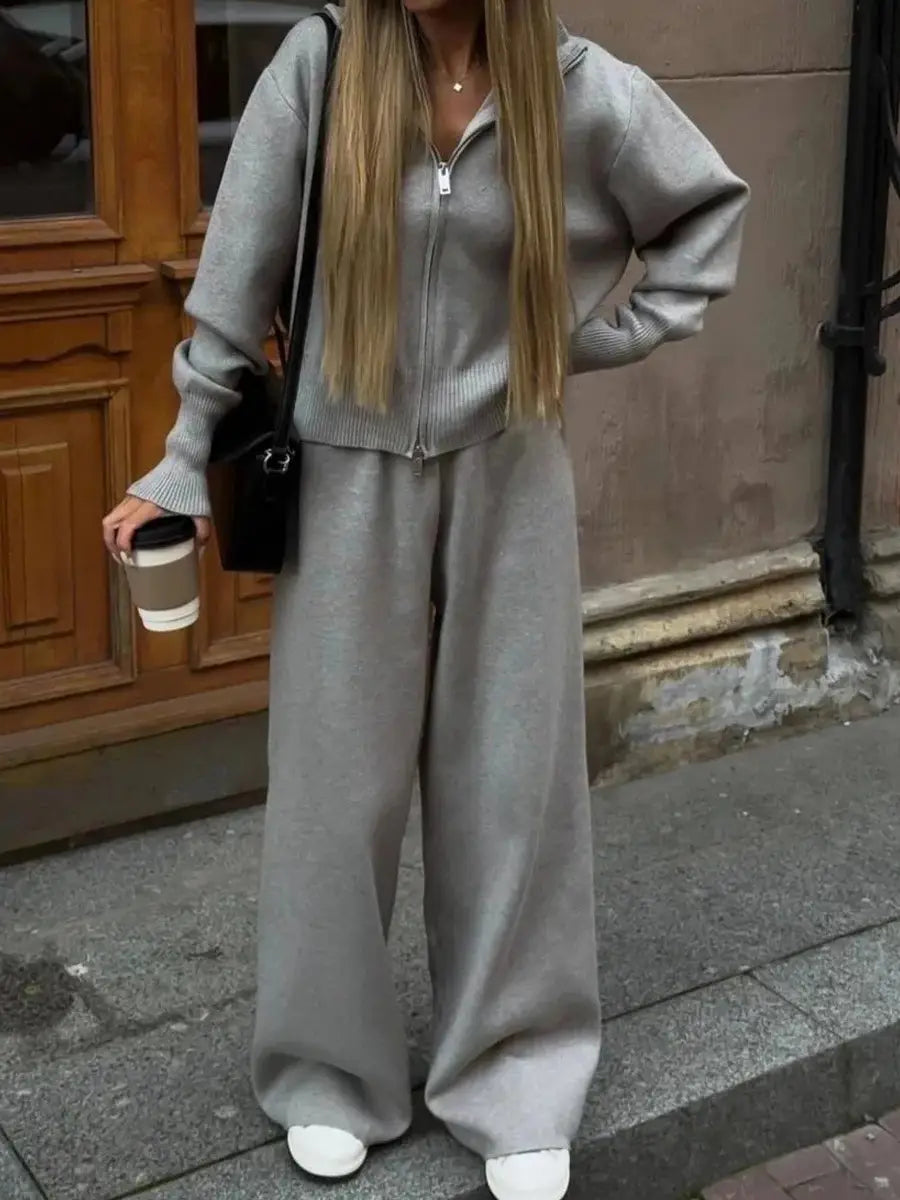 women’s gray knit zip-up cardigan and wide-leg pant set featuring a comfortable knit fabric and casual style suitable for everyday wear.