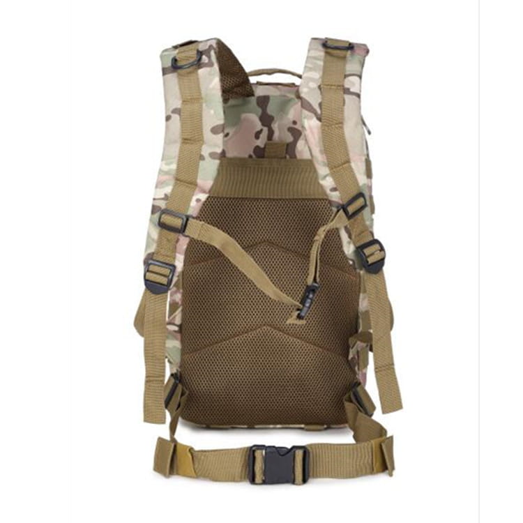tan and green camouflage tactical waterproof mountaineering backpack shown from the back with mesh back panel and adjustable straps