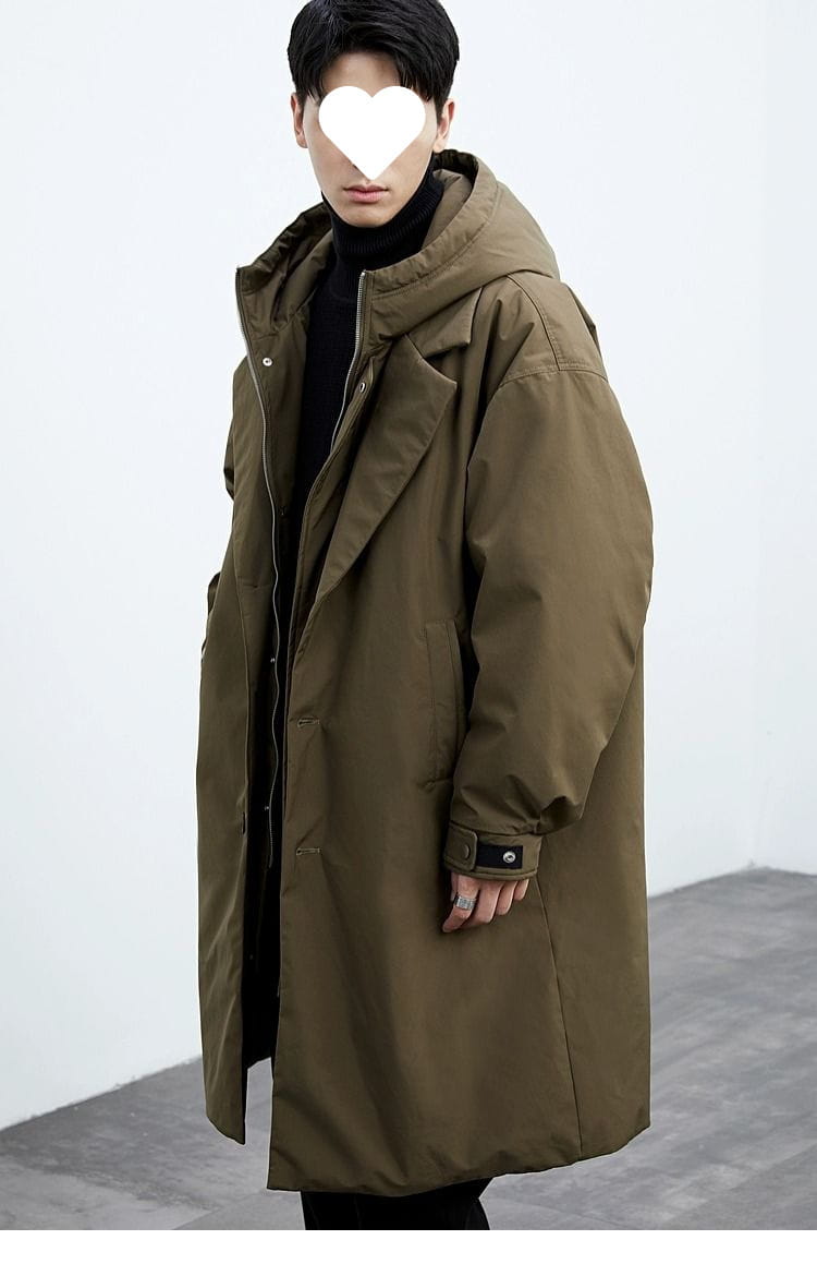 Men hooded trench coat false two piece winter jacket in olive green featuring a long-line design with a hood and buttoned cuffs, suitable for cold weather.