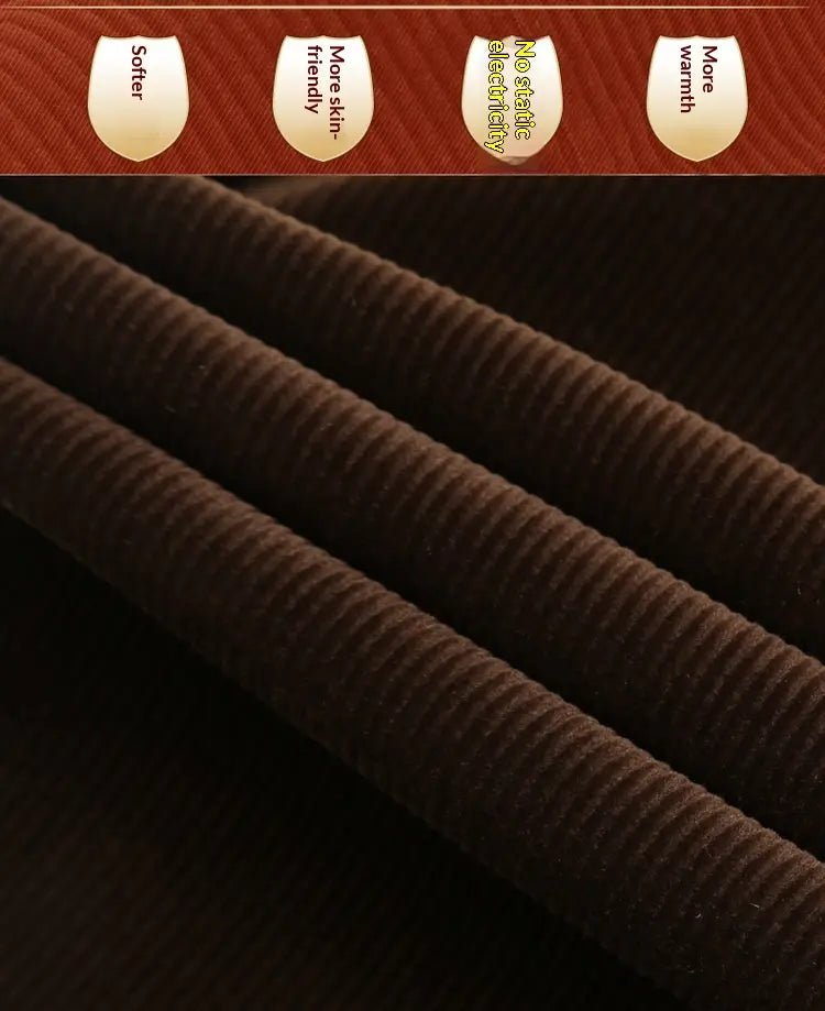Tejido de pana marrón oscuro con textura acanalada, destacado en pantalones rectos de pana de terciopelo térmico para hombre
