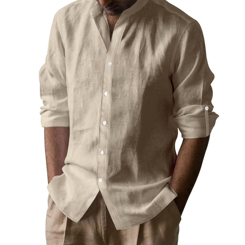 Camisa entallada para hombre color beige, en mezcla de lino, de manga larga, con mangas arremangadas y textura sutil, con cuello alzapié.