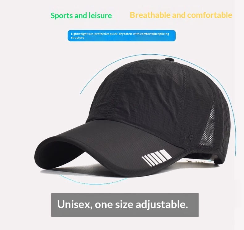 Black unisex quick-drying running hat sports sun cap with mesh back and white striped logo on the brim.