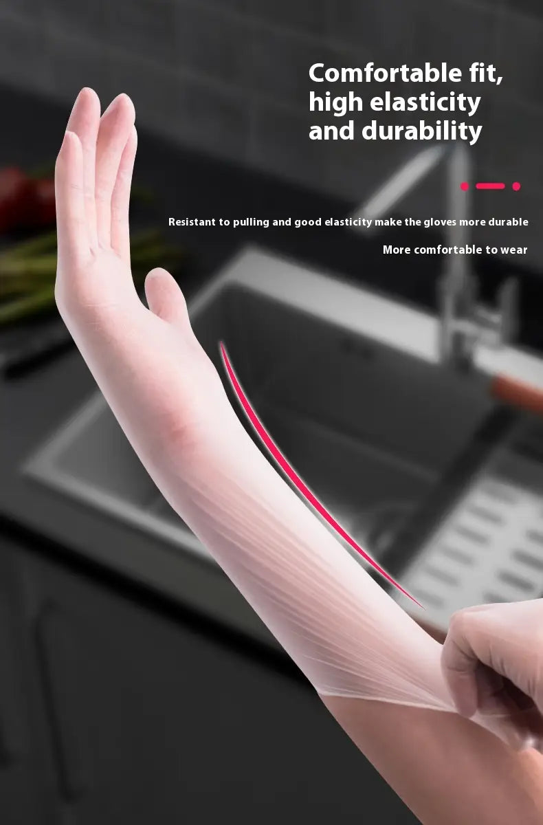 transparent disposable pvc and nitrile kitchen gloves with a subtle pink elastic band at the wrist shown from the back side