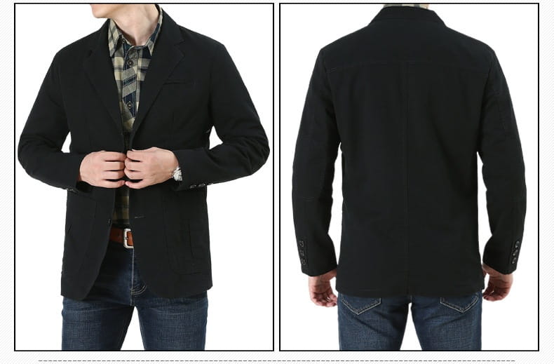 Schwarzer Herren-Übergrößen-Baumwoll-Freizeitblazer mit klassischer Passform und dezent strukturierter Stoffoberfläche.