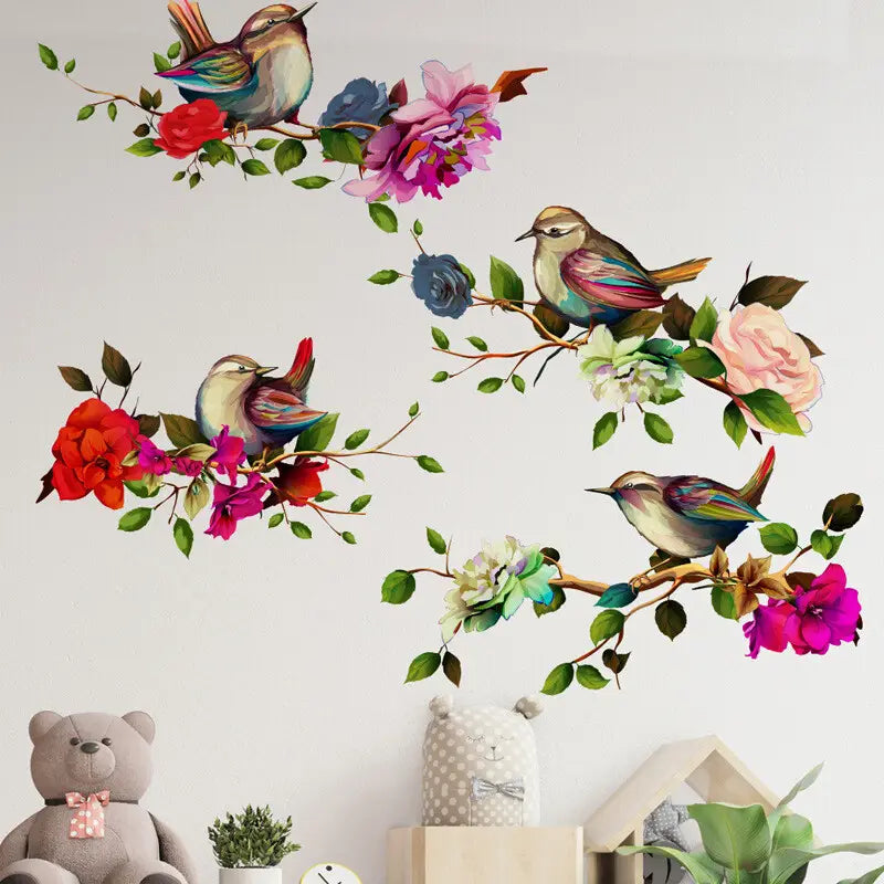 autocollant mural de fleurs et de pies, décor mural floral, décalcomanie murale, présentant des illustrations vibrantes et détaillées d’oiseaux et de fleurs sur une surface de couleur claire