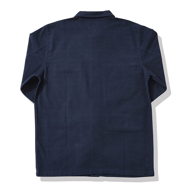 Mens french workwear jacket cotton utility pocket coat in dark navy blue short-sleeved shirt style with collar and simple clean design.