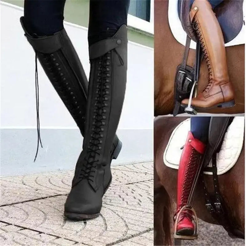 Over the knee leather studded riding boots with lacing and a side strap in black and red leather variants.
