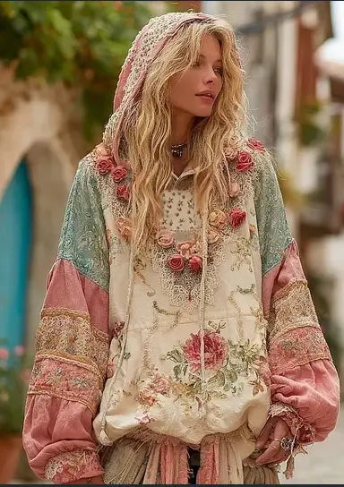 A vintage patchwork floral hoodie in soft pastel tones featuring lace trim and rose appliqués.