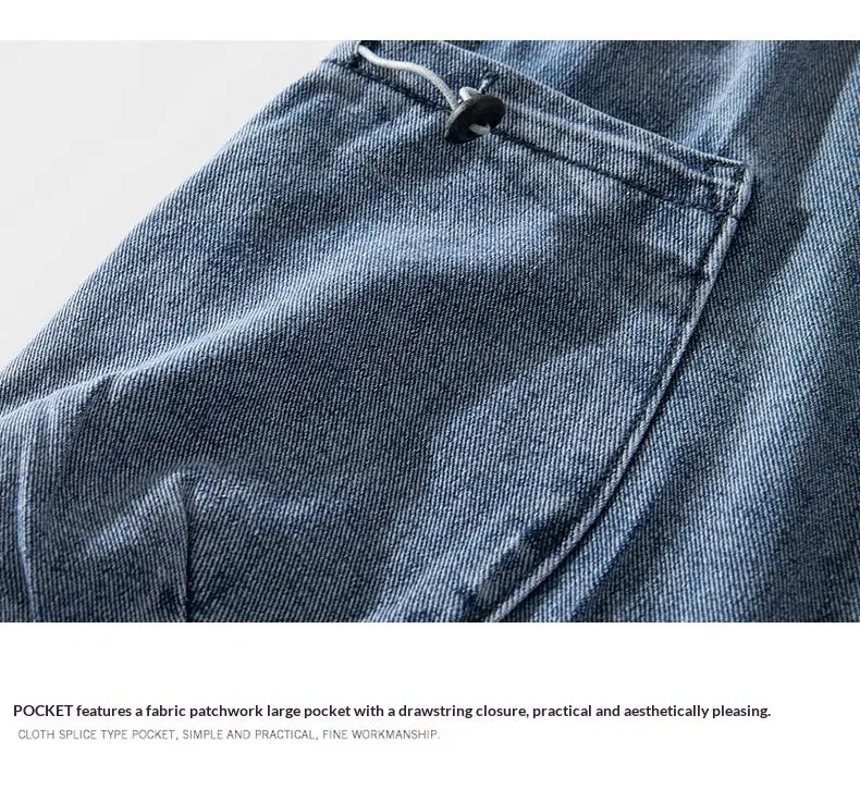 Cargo denim shorts light wash streetwear featuring a denim pocket with a subtle fabric patchwork design and drawstring closure.