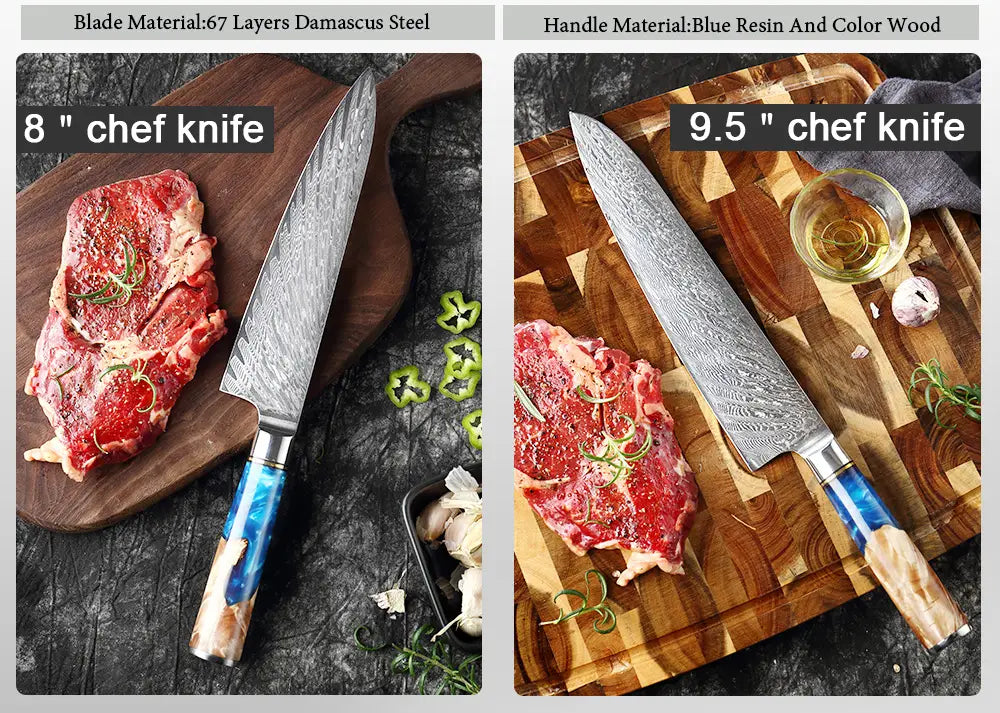 Cuchillo de chef de 8 pulgadas con hoja de acero damasco de 67 capas y mango de resina azul y madera de color, del set de cuchillos de chef de damasco con mango de resina azul de 7 piezas.