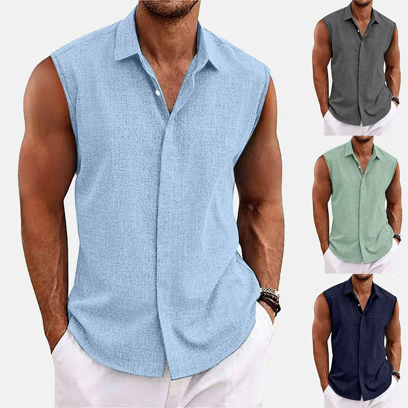 Herren-Slim-Fit-hellblaues ärmelloses Button-up-Strandhemd aus einer texturierten Leinenmischung mit Kragen.