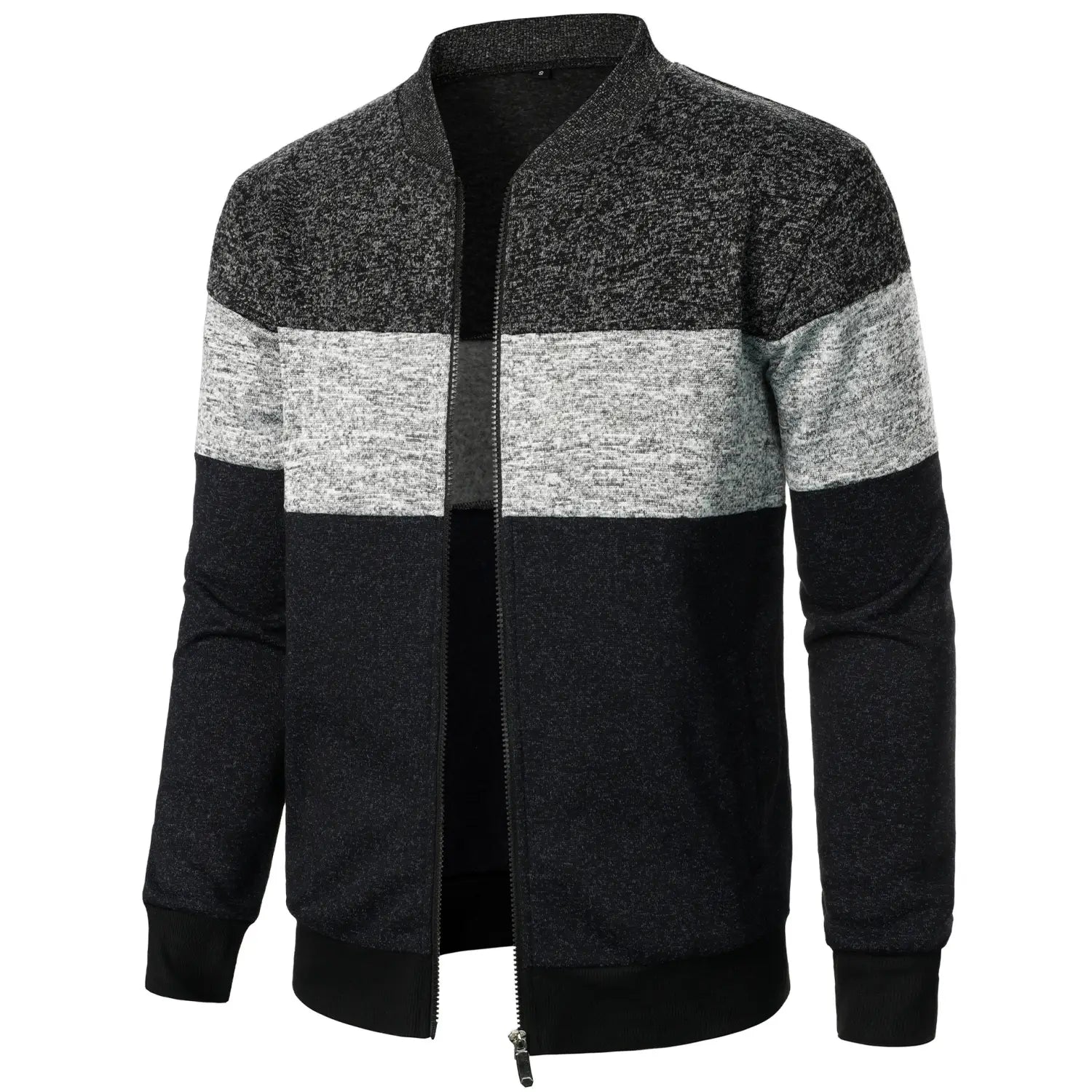 A men’s colorblock knit bomber jacket featuring a zip-up front with textured knit fabric in black gray and white horizontal stripes.