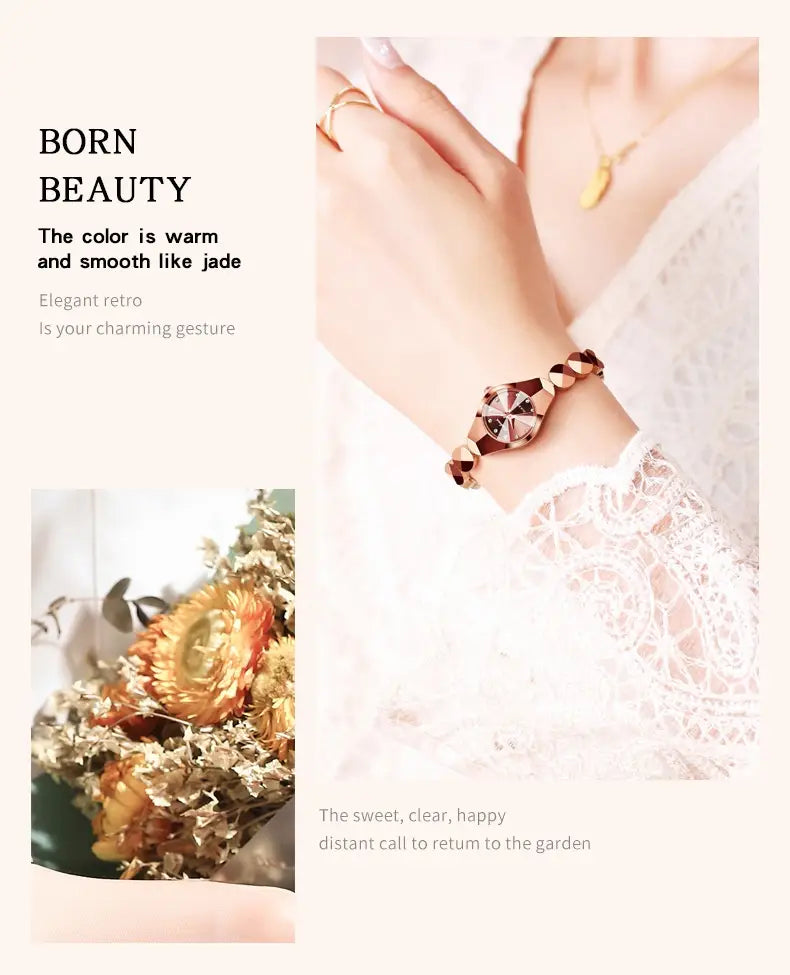 Rose gold-toned luxe geometric faceted bracelet watch with diamond accents and matching bracelet links.