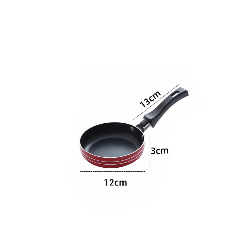 Red non-stick aluminum mini frying pan with black handle and three horizontal exterior stripes designed for cookware use.