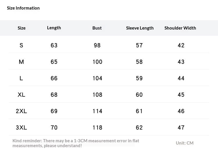 Size information table for knit polo sweater long sleeve pullover showing measurements in centimeters for sizes s through 3xl.