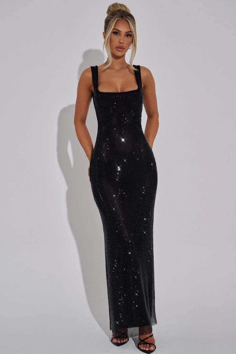 Black sequined bodycon maxi dress with square neckline and thin straps designed for elegant occasions.