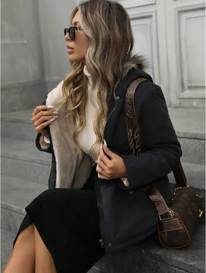 brown monogram canvas handbag with matching leather strap and gold-tone hardware paired with navy blue winter parka featuring a faux fur hood.