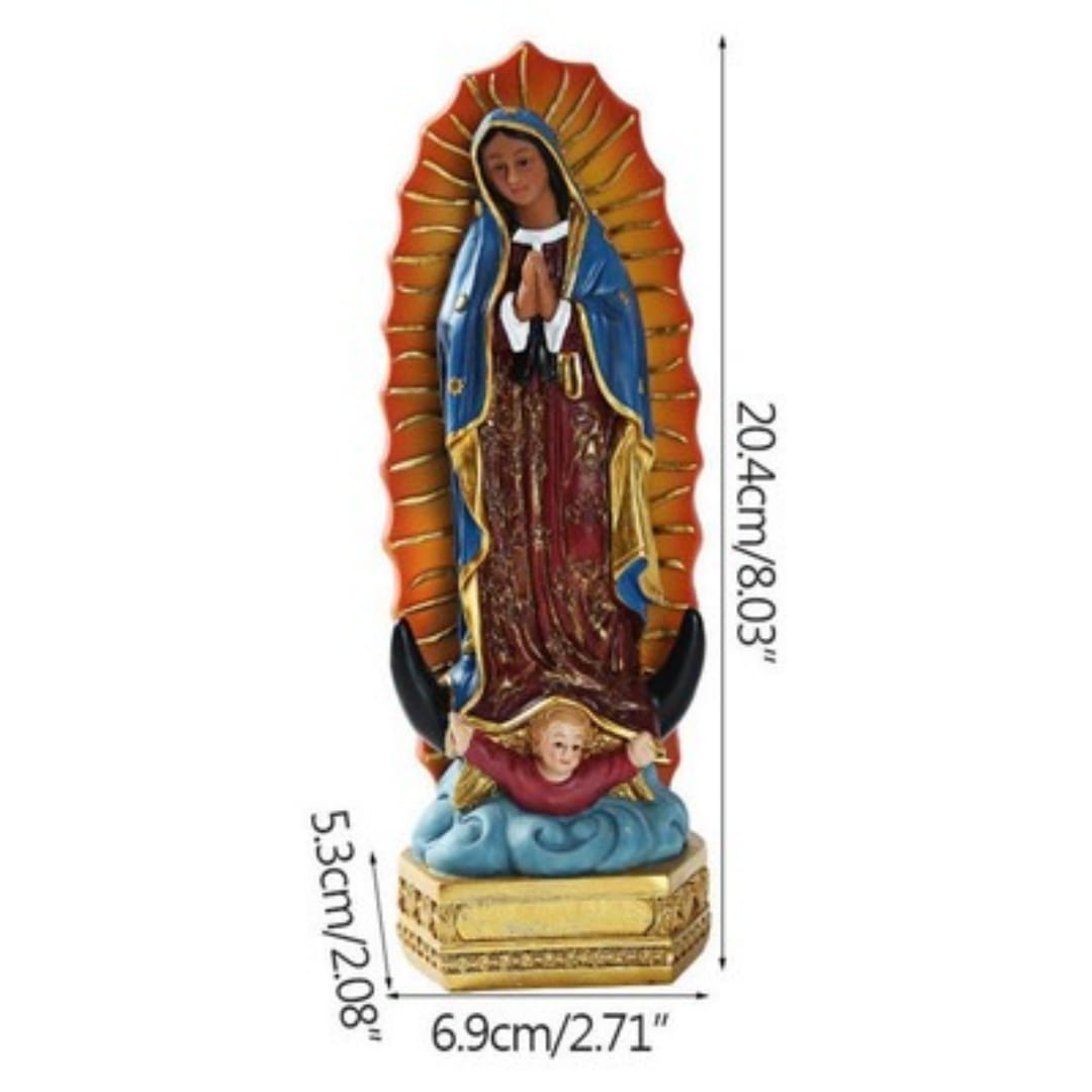 statue en résine de Notre-Dame de Guadalupe, Vierge Marie, 20,3 cm, statue en résine détaillée, avec une robe bleue et dorée présentant des motifs complexes, debout sur une base dorée sous un halo radiant orange et rouge