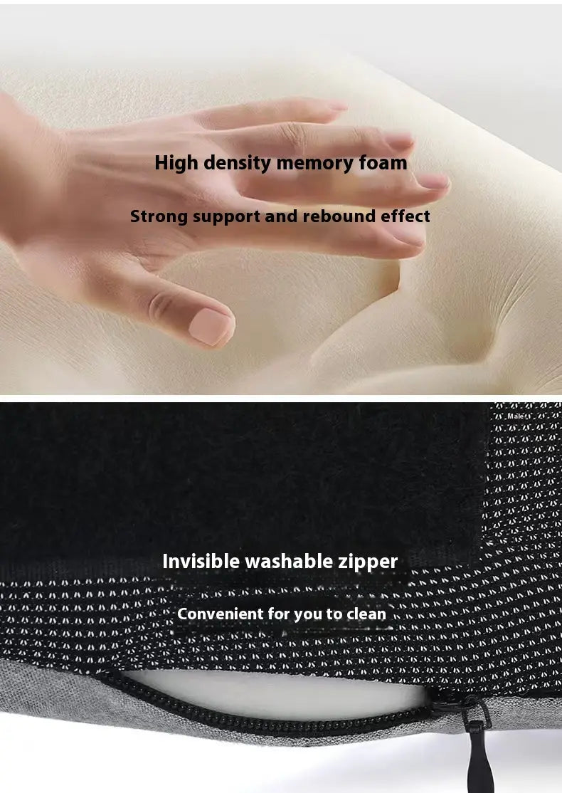 cream-colored memory foam travel neck pillow with high-density memory foam and a black mesh cover featuring an invisible washable zipper for adjustable support