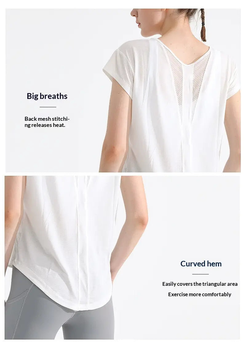 Weißes Damen-T-Shirt mit kurzen Ärmeln, schnell trocknend, aus Mesh-Gewebe, mit Mesh-Rückenpaneel und abgerundetem Saum, ideal für Yoga.